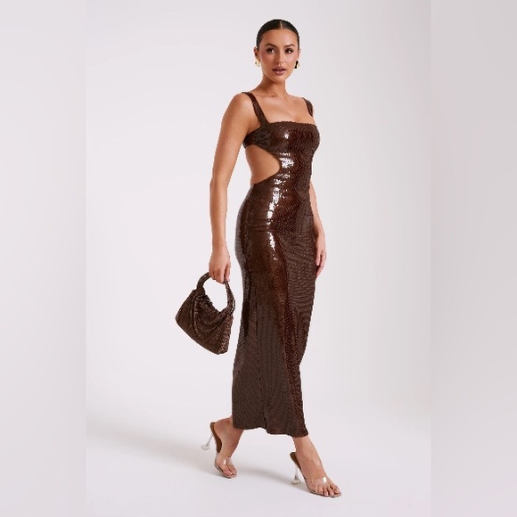 Meshki Chocolate Sequin Backless Dress - Picture 1 of 4